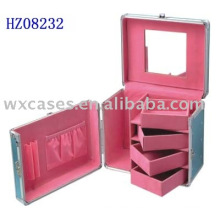 aluminum hair stylist case with 4 removable trays and a mirror inside